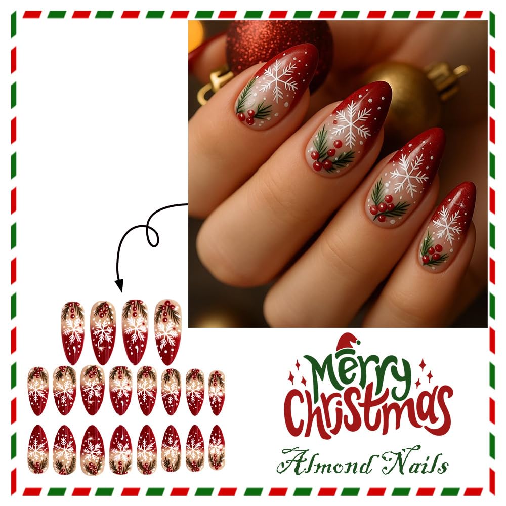 red french tip snowflake nails with snowflake design for holiday wear.