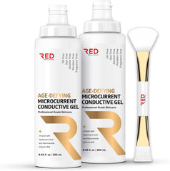 RED Medical age-defying gel bottle shows smooth glide for microcurrent sessions