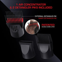 RED PRO 3200 Turbo Pro Detangler air concentrator focuses airflow for precise styling.