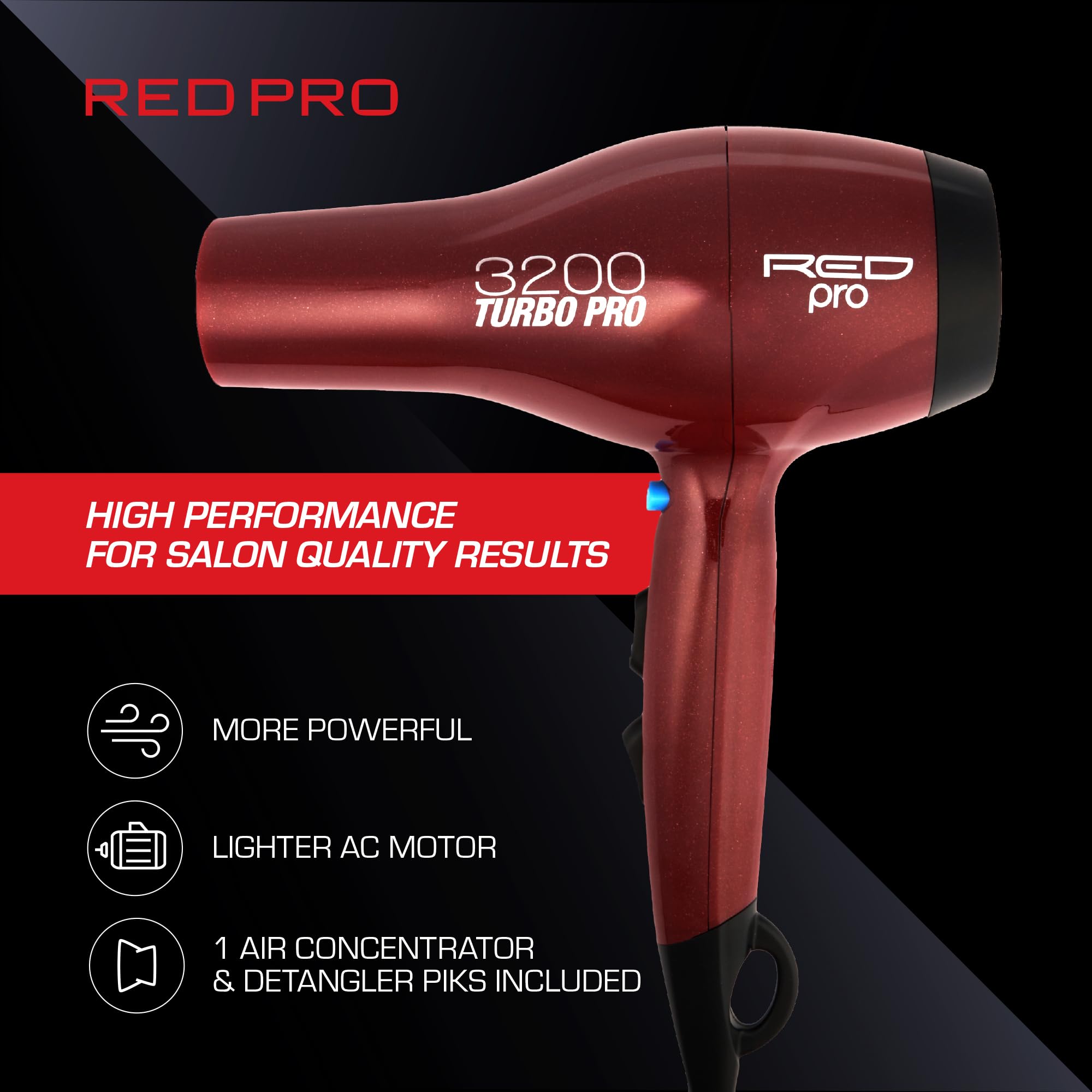 RED PRO 3200 Turbo Pro Detangler cool shot button aids setting and finishing.