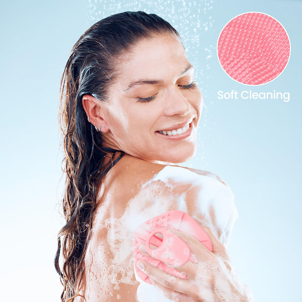 Redfly silicone body scrubber close-up shows soft bristles for comfortable cleansing.