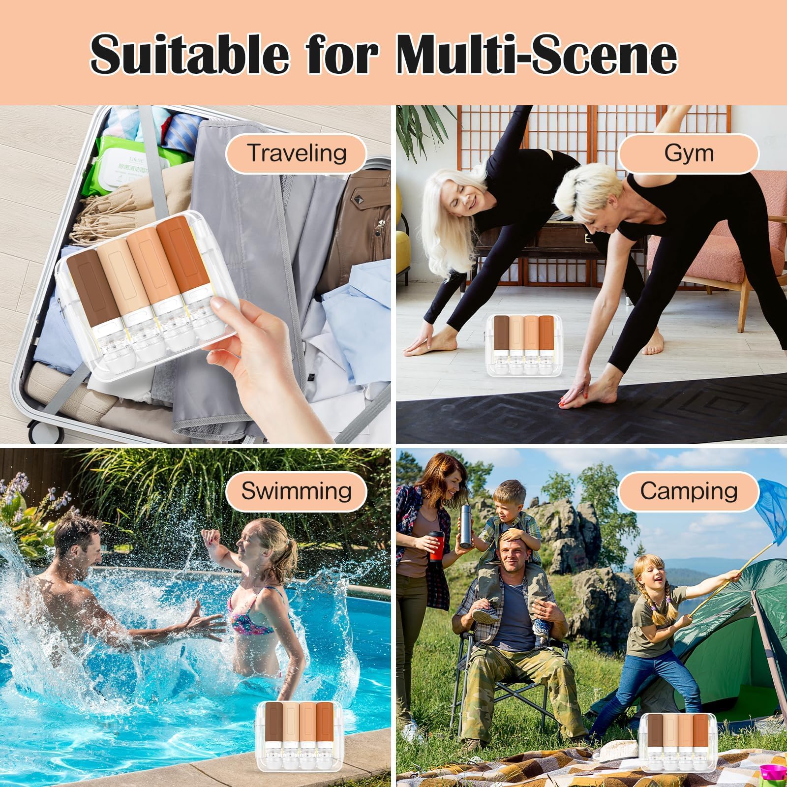 Redfly travel bottles demonstrate use for shampoo and conditioner during trips and gym visits.