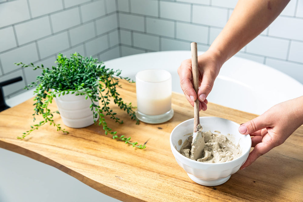 Redmond Clay Bentonite powder mixed with water demonstrates easy at-home mask prep.