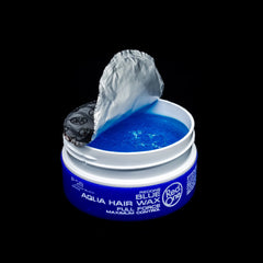 Redone Blue Wax on hair in slick-back style with strong hold