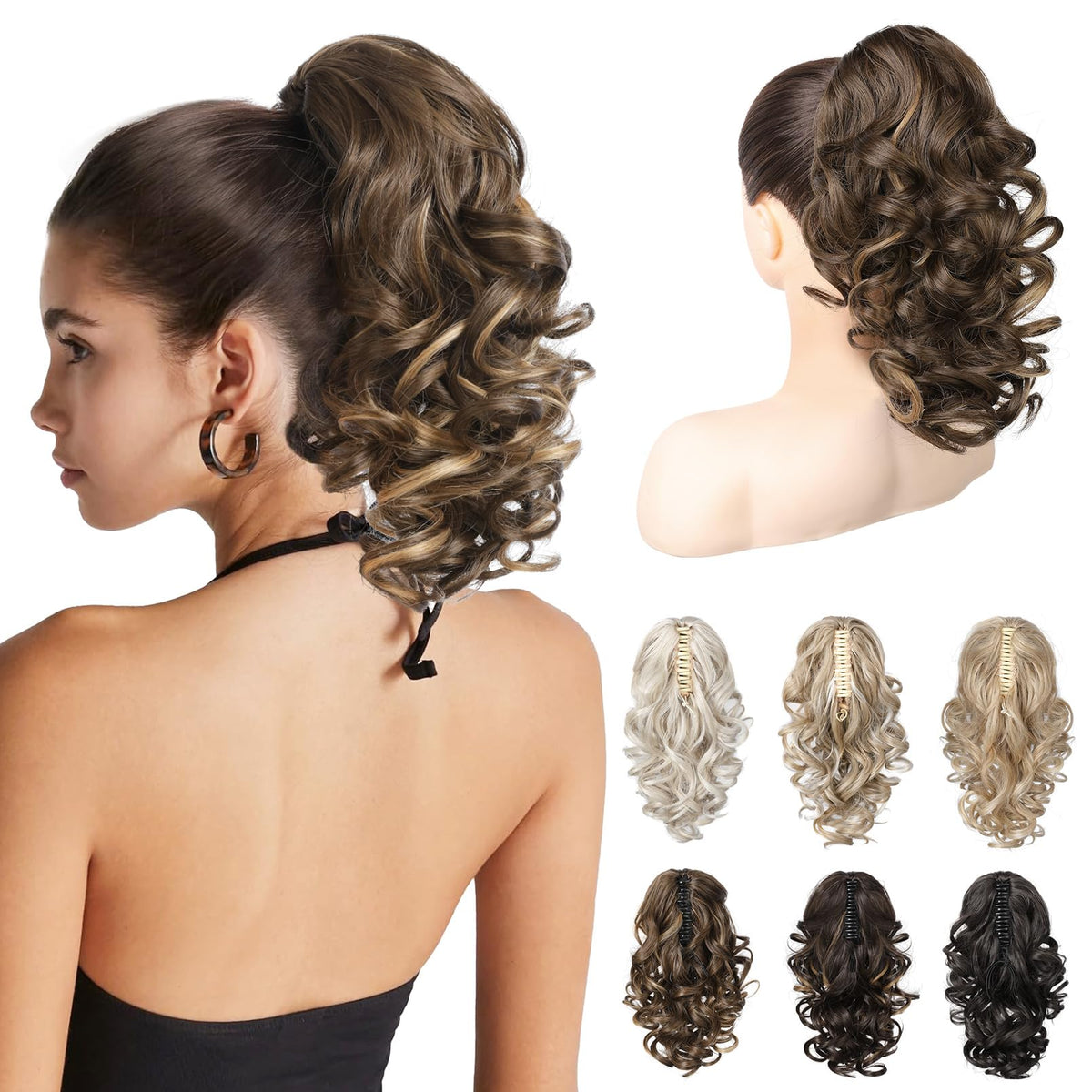 REECHO 12-inch ponytail extension in chocolate brown with highlights, showing classic loose curly texture.