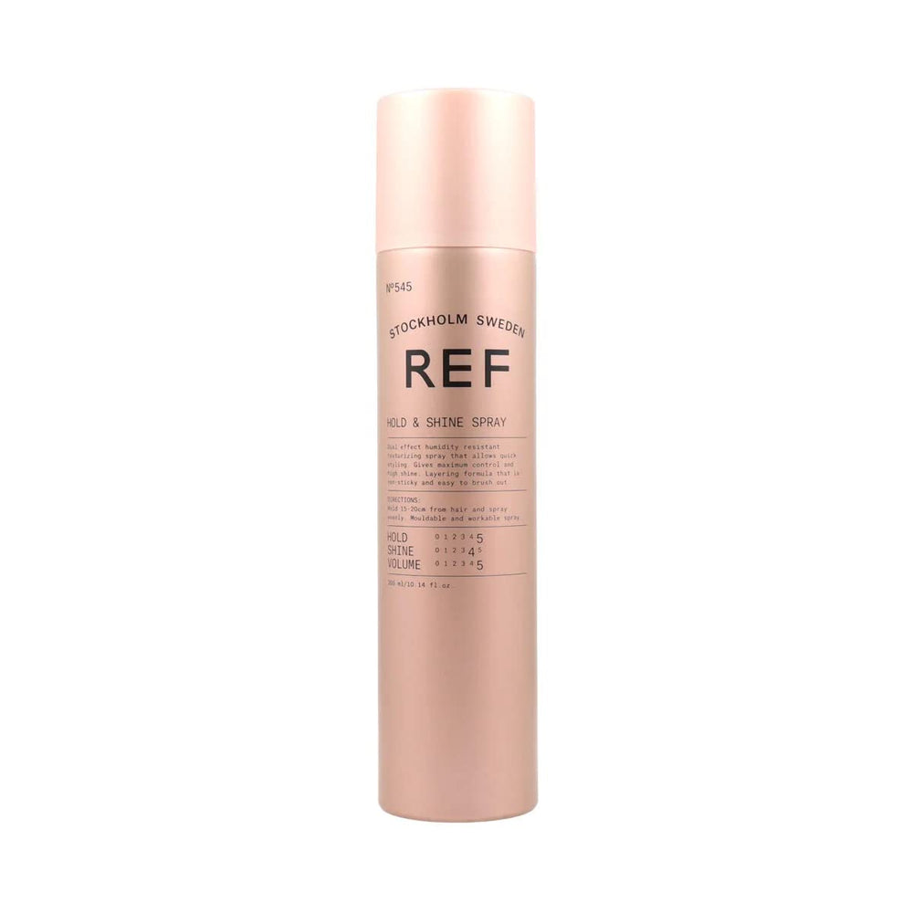 REF Hold & Shine Spray bottle—humidity-resistant styling with high-shine finish.