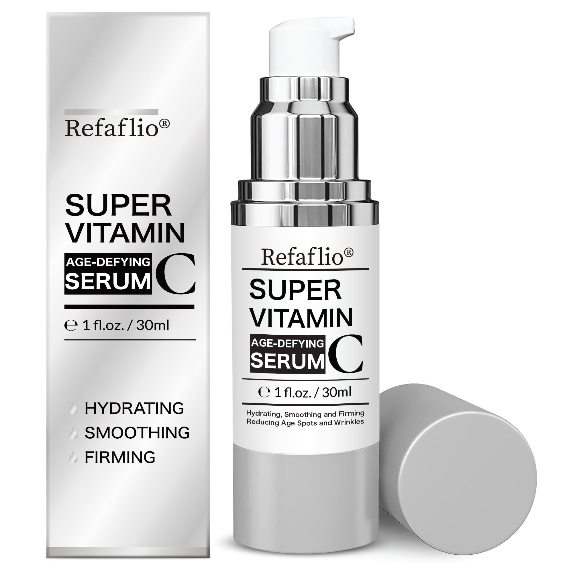 Refaflio Super Vitamin C Serum bottle closeup with vibrant orange tone for hydration and brightness.
