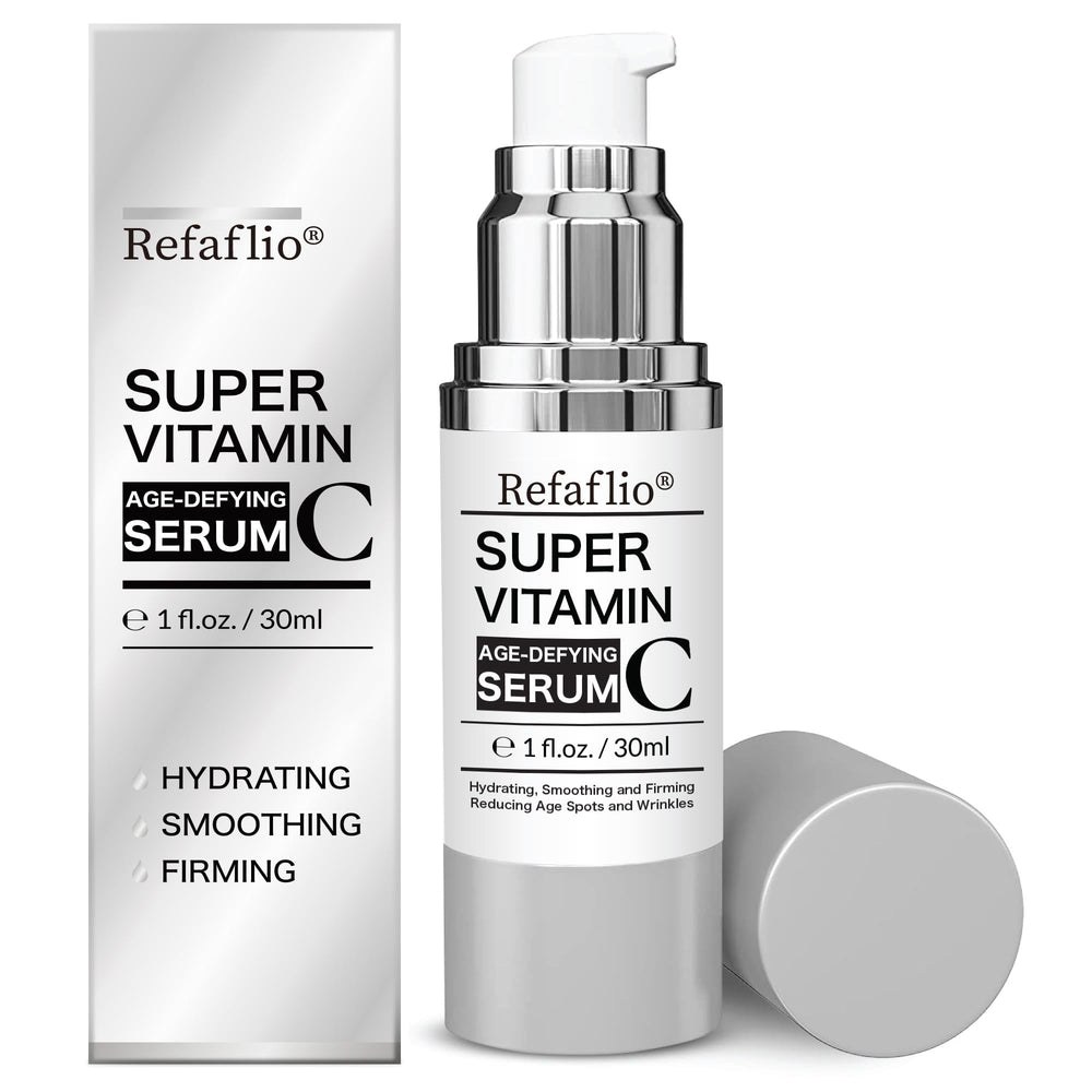 Refaflio Super Vitamin C Serum bottle closeup with vibrant orange tone for hydration and brightness.