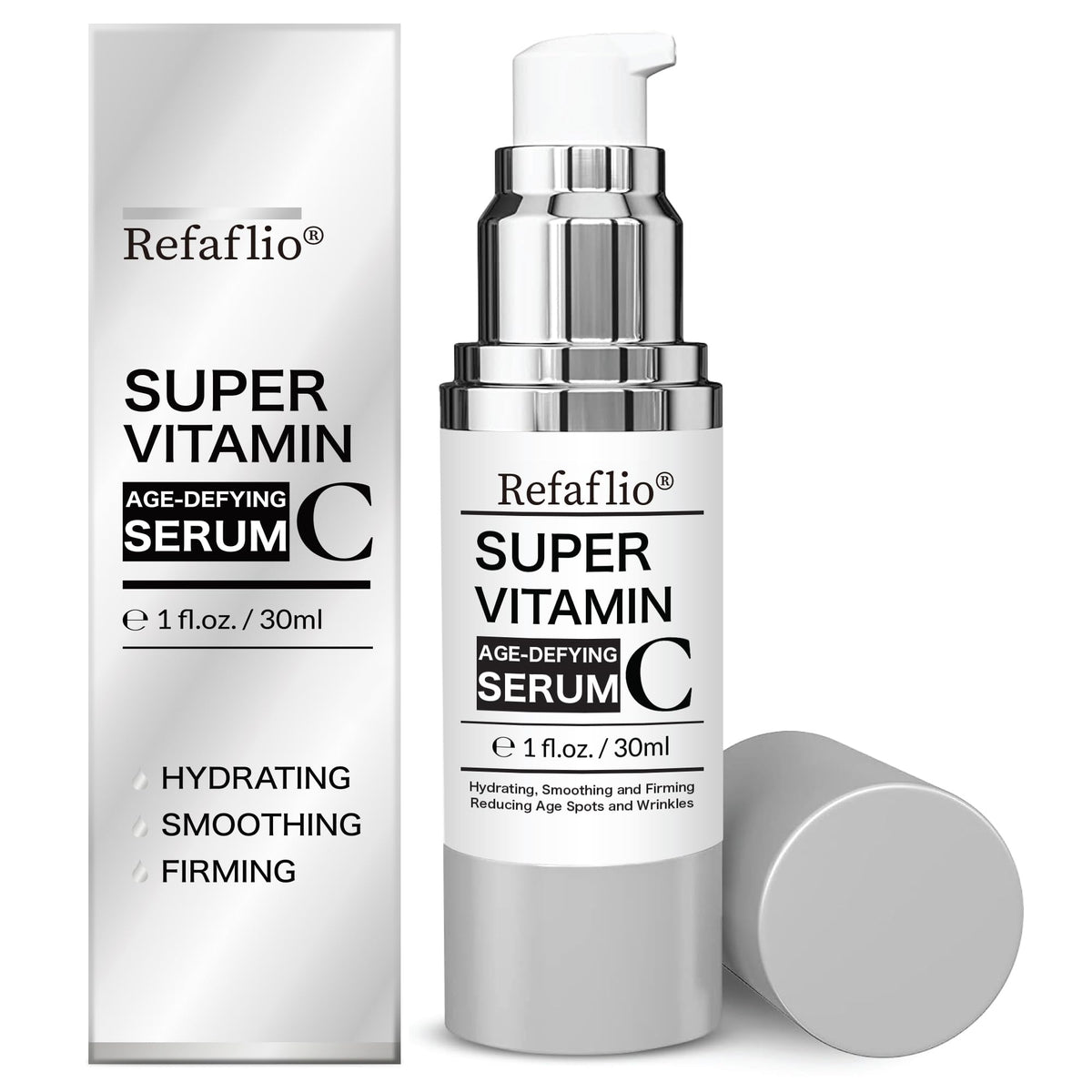 Refaflio Super Vitamin C Serum bottle closeup with vibrant orange tone for hydration and brightness.