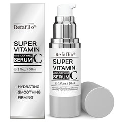 Refaflio Super Vitamin C Serum bottle closeup with vibrant orange tone for hydration and brightness.