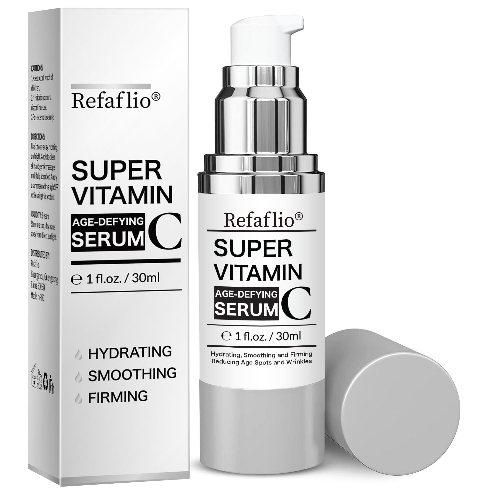 Refaflio Super Vitamin C Serum bottle with lemon pour for brightening hydration.