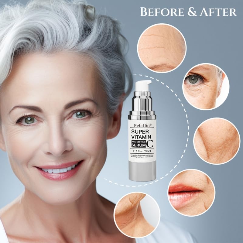Refaflio Super Vitamin C Serum ingredient closeup highlighting Niacinamide and Peptides.