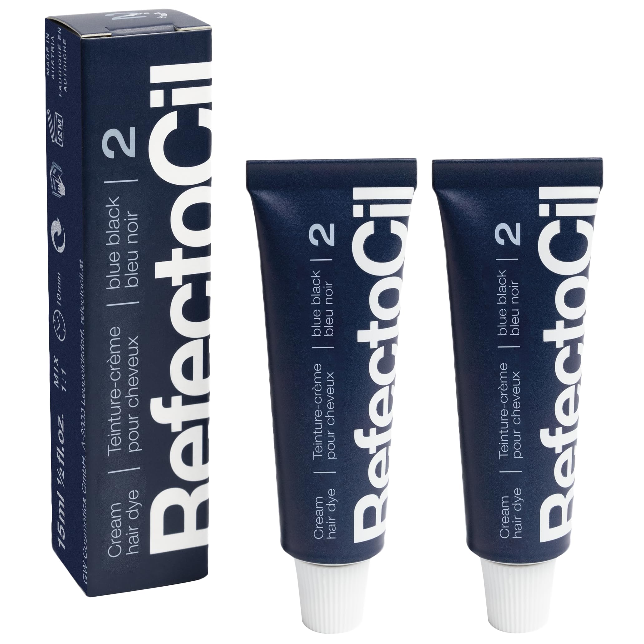 Refectocil Blue Black cream dye tubes for long-lasting color and shine.