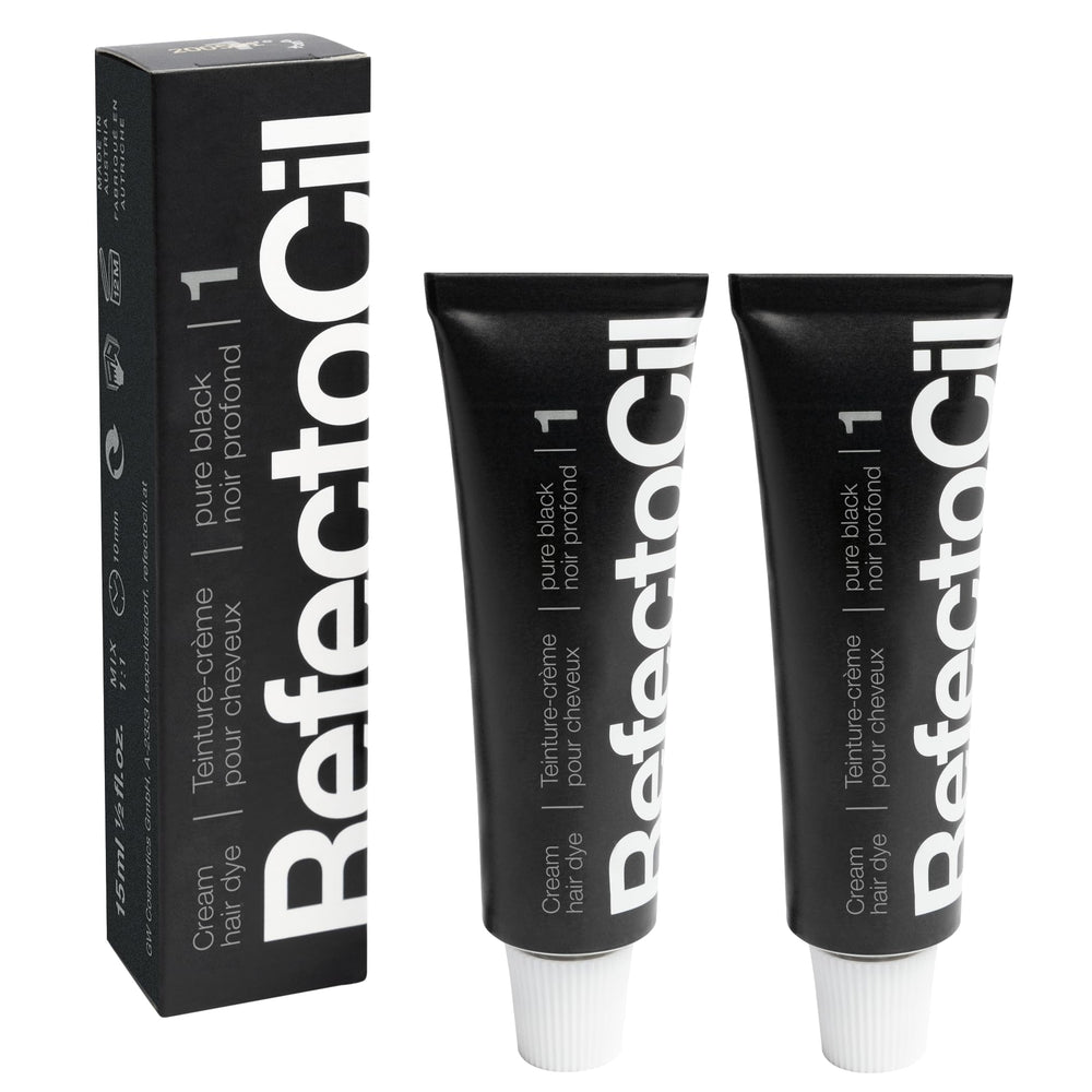 RefectoCil No.1 Pure Black cream dye tube delivering intense color for dark hair