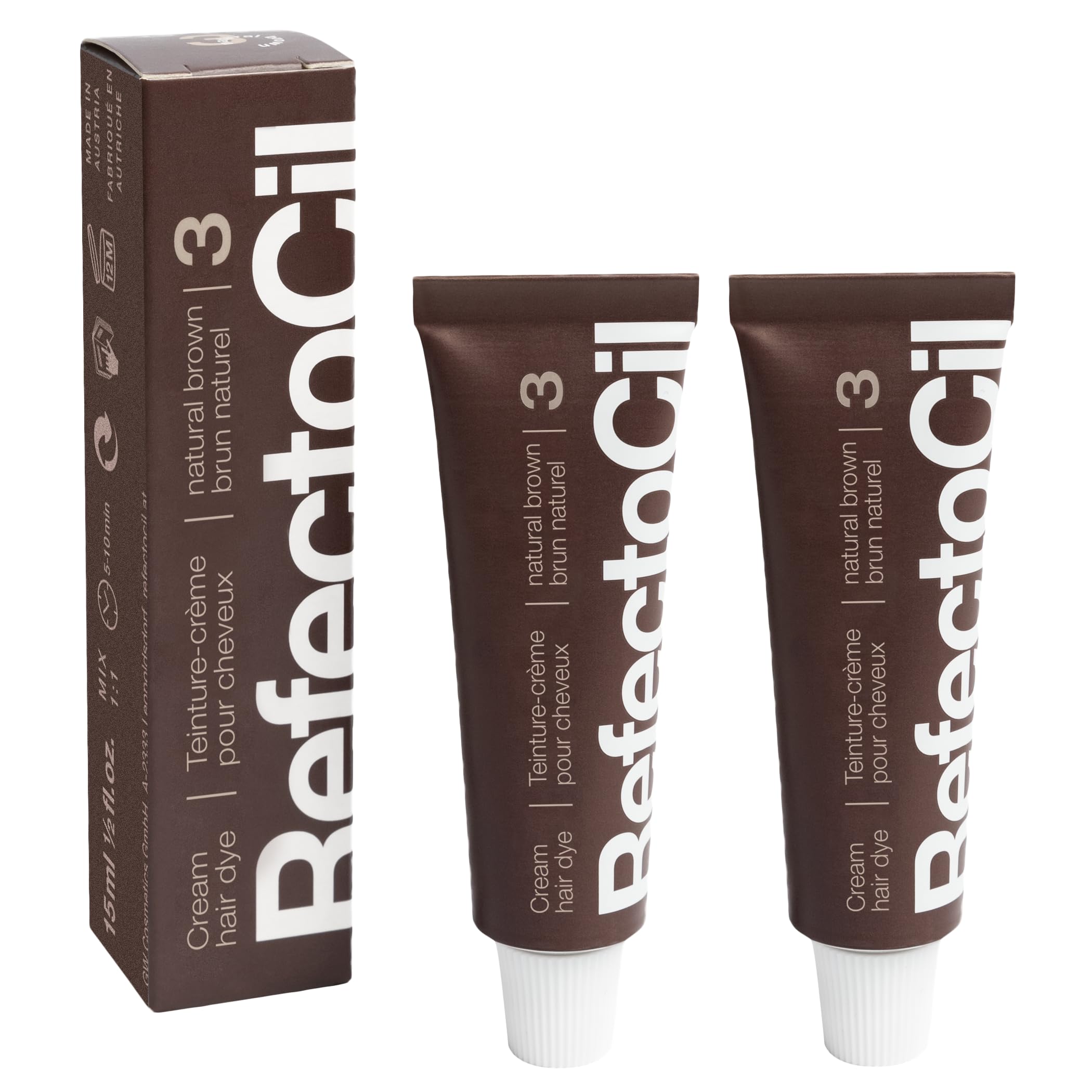 RefectoCil No.3 Natural Brown cream dye tube provides natural brunette look.