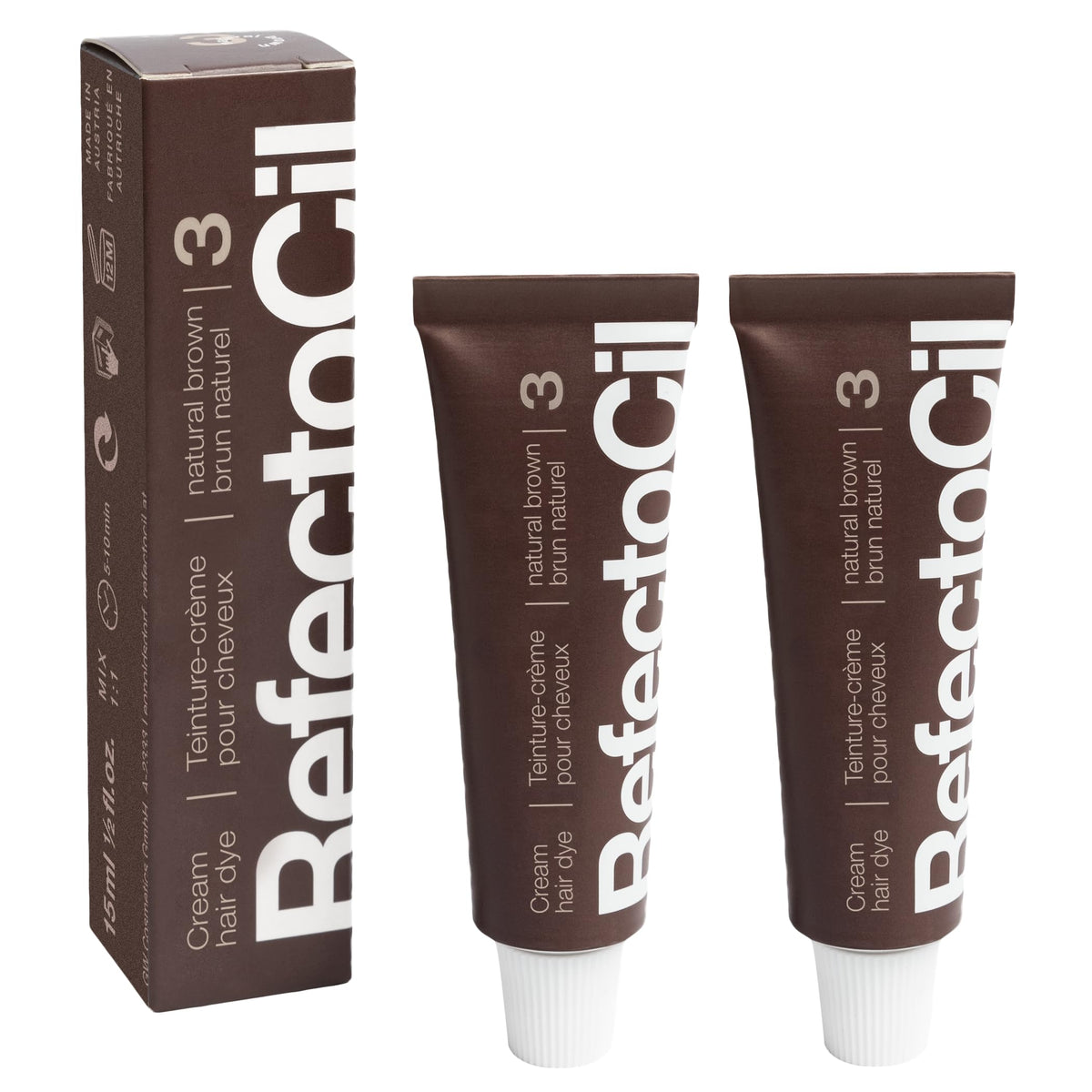 RefectoCil No.3 Natural Brown cream dye tube provides natural brunette look.