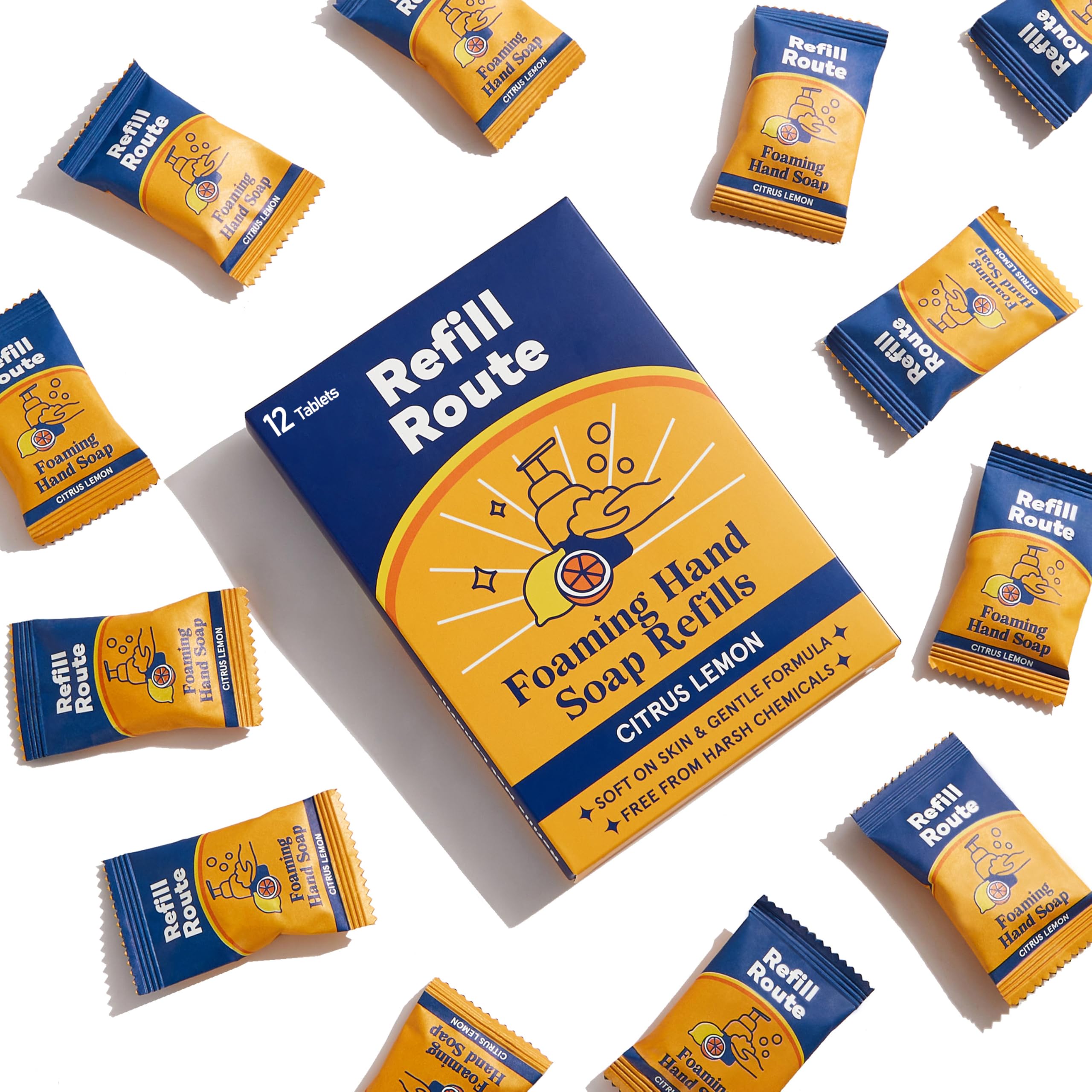 Refill Route lemon foaming soap tablet dissolving for fresh, foamy cleanse.