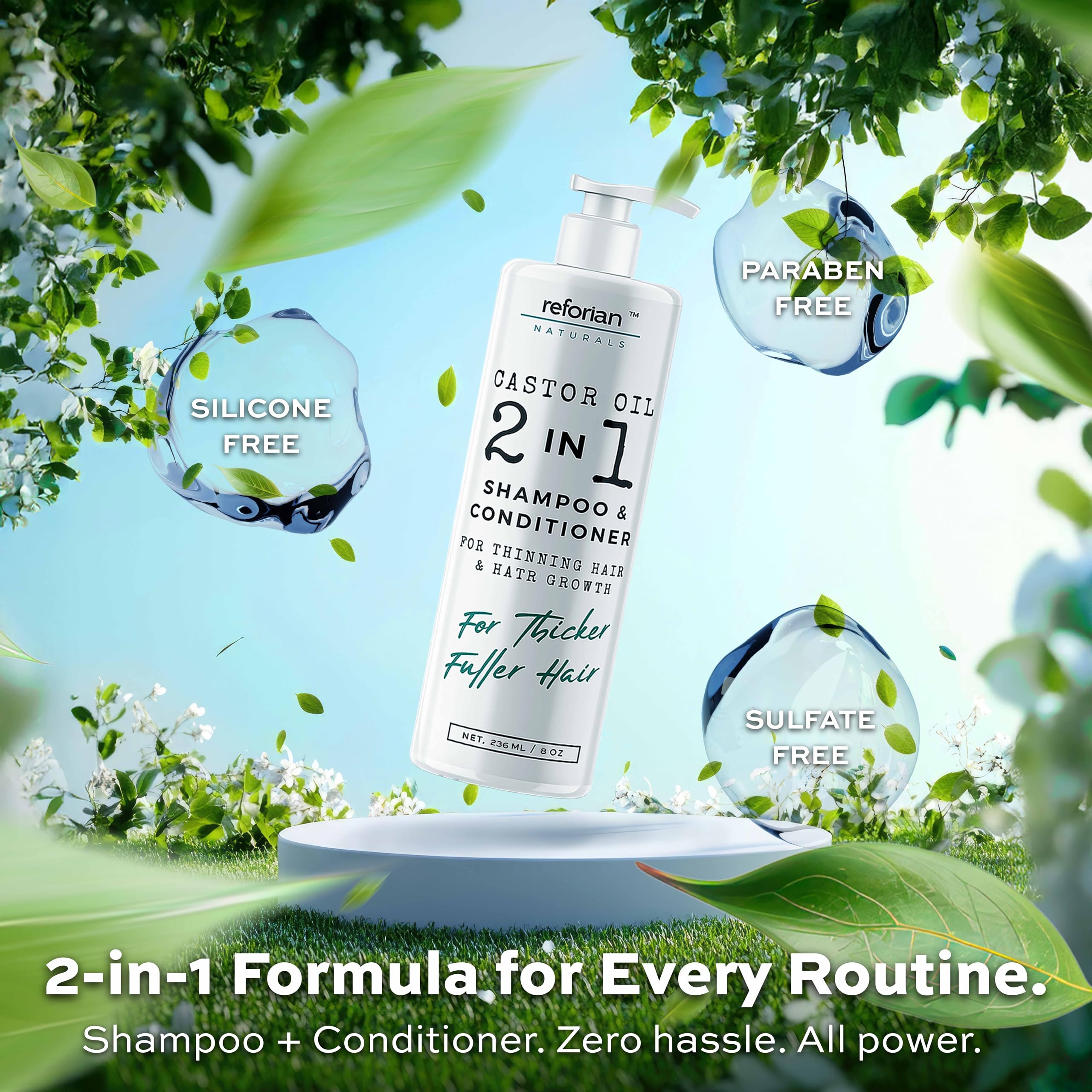 Reforian bottle beside color-treated hair illustration—gentle formula safe for color-treated hair.