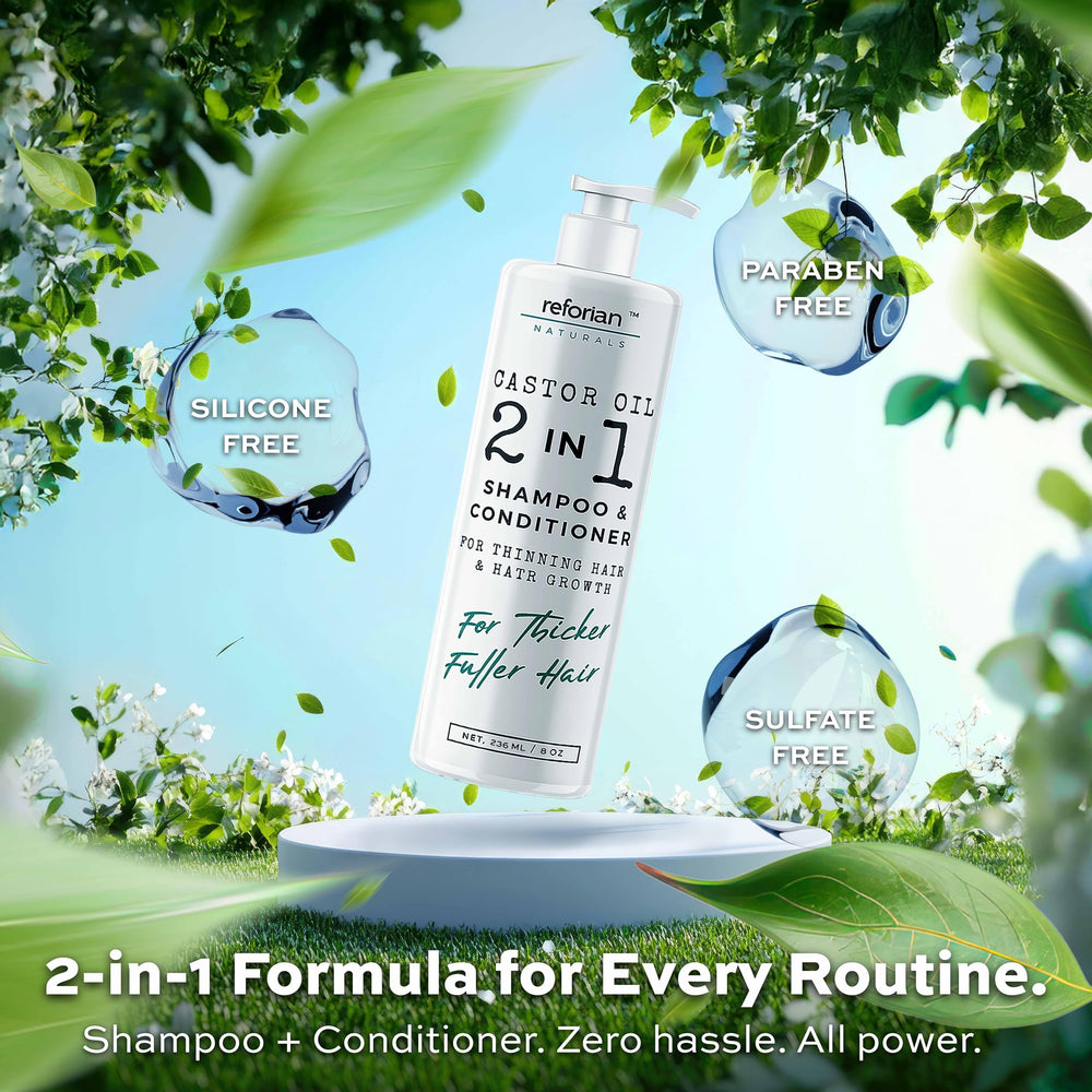 Reforian bottle beside color-treated hair illustration—gentle formula safe for color-treated hair.