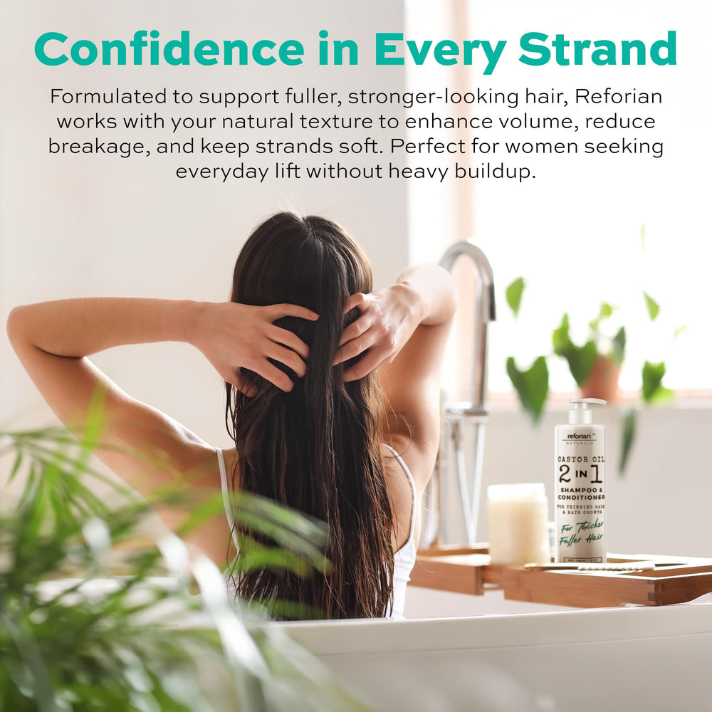 Reforian daily-use 2-in-1 set in shower for softer, fuller hair.