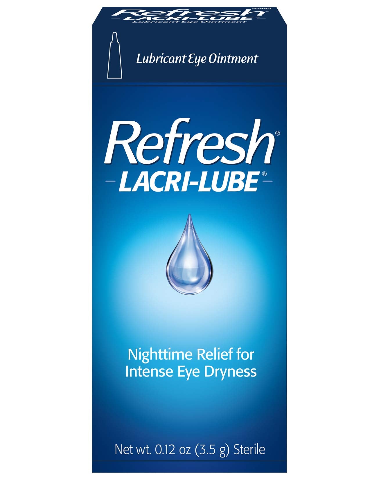 Envase de pomada ocular Refresh Lacri-Lube, textura suave para comodidad nocturna.