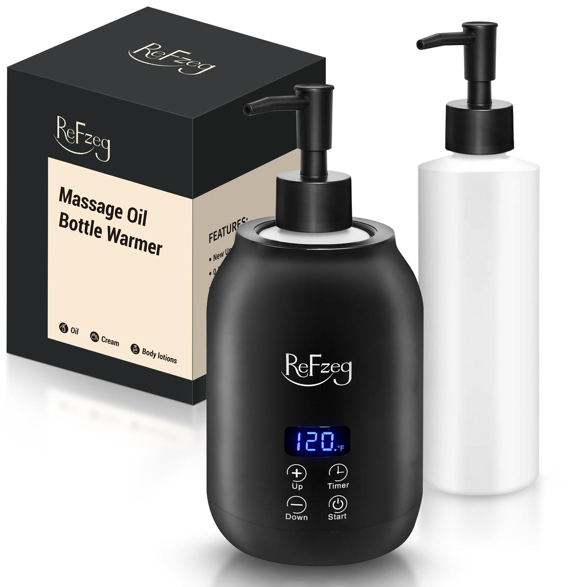 ReFzeg massage oil heater front view demonstrates compact spa-friendly design for warm oil therapy.
