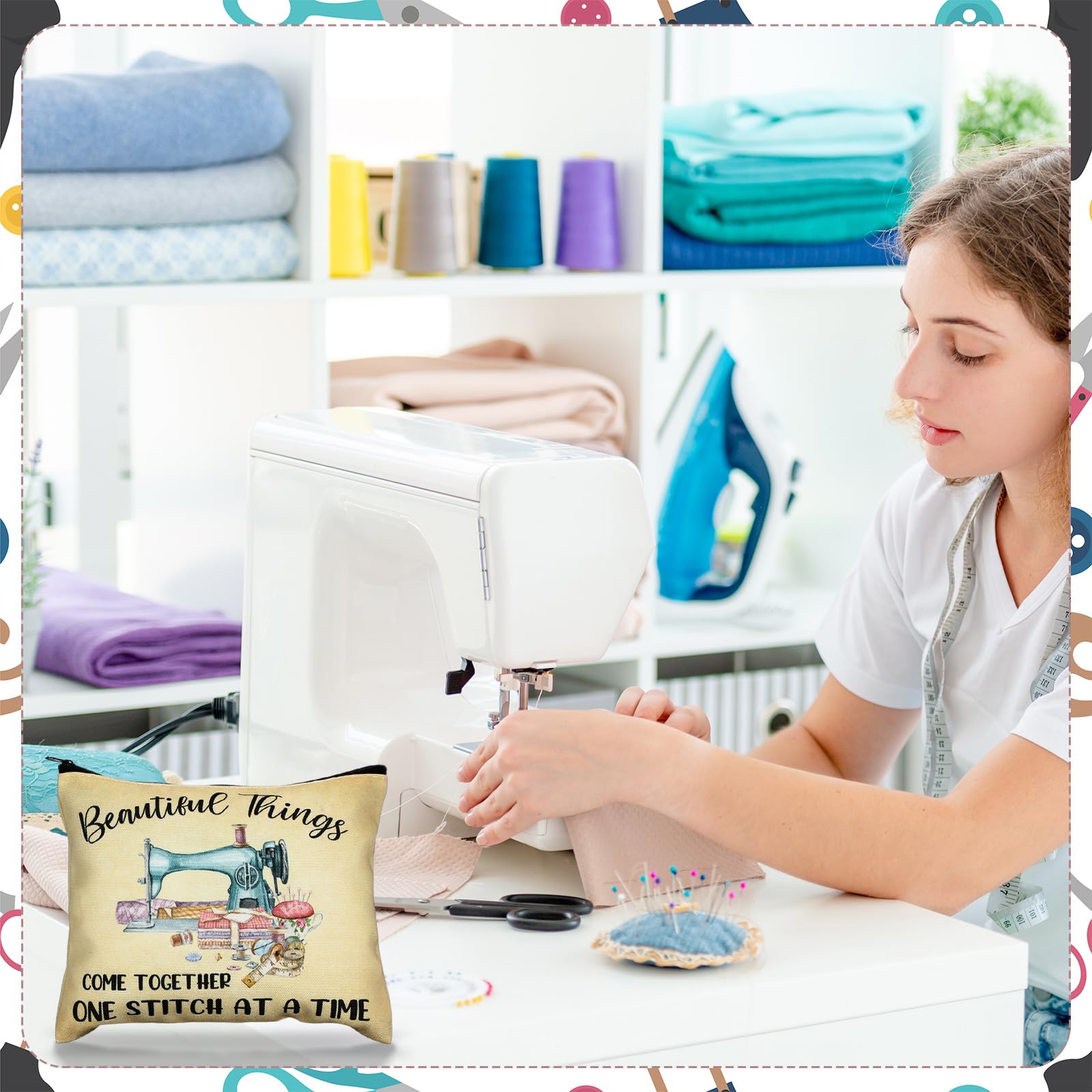 Reginary canvas cosmetic pouch pattern close-up emphasizes vivid sewing-themed design for creative gifting.