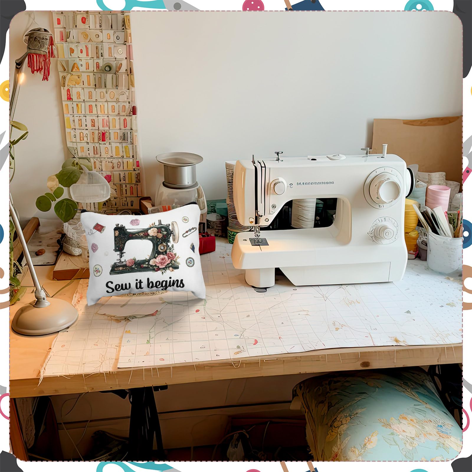 Reginary knit-pattern sewing theme design illustrates a stylish, craft-loving accessory for home or work.