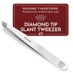 Regine Switzerland diamond slant tip tweezers closeup for precise brow shaping.