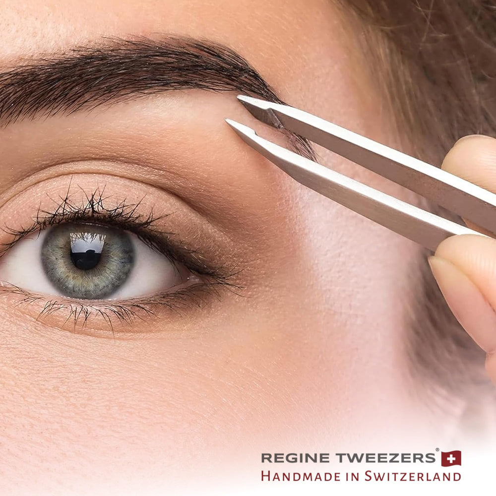 Regine Switzerland handmade stainless steel tweezers highlighting meticulous Swiss craftsmanship.