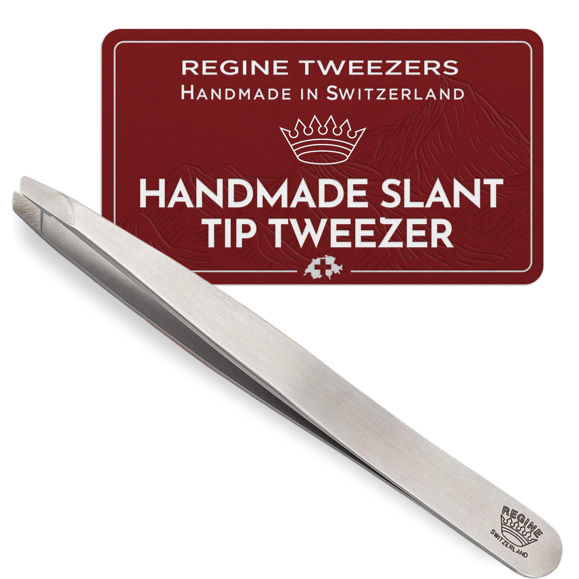 Regine Switzerland professional tweezers slant tip close-up for precise eyebrow shaping.