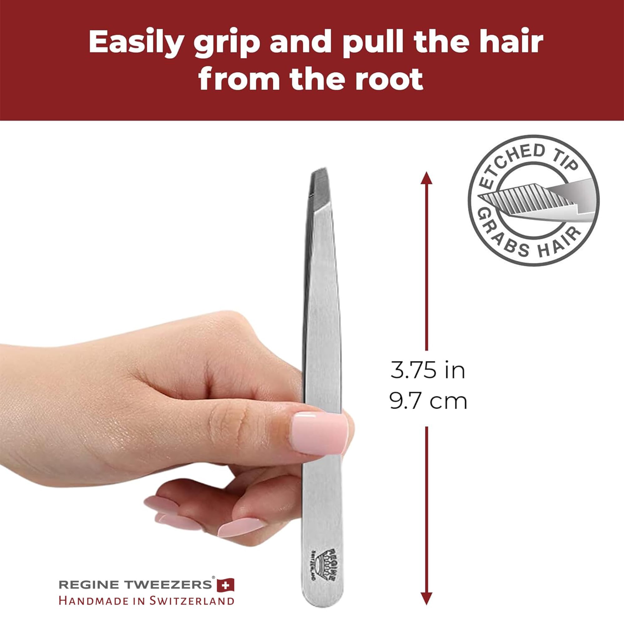 Regine Switzerland slant-tip tweezers interior-etched tip close-up for fine hair grip.