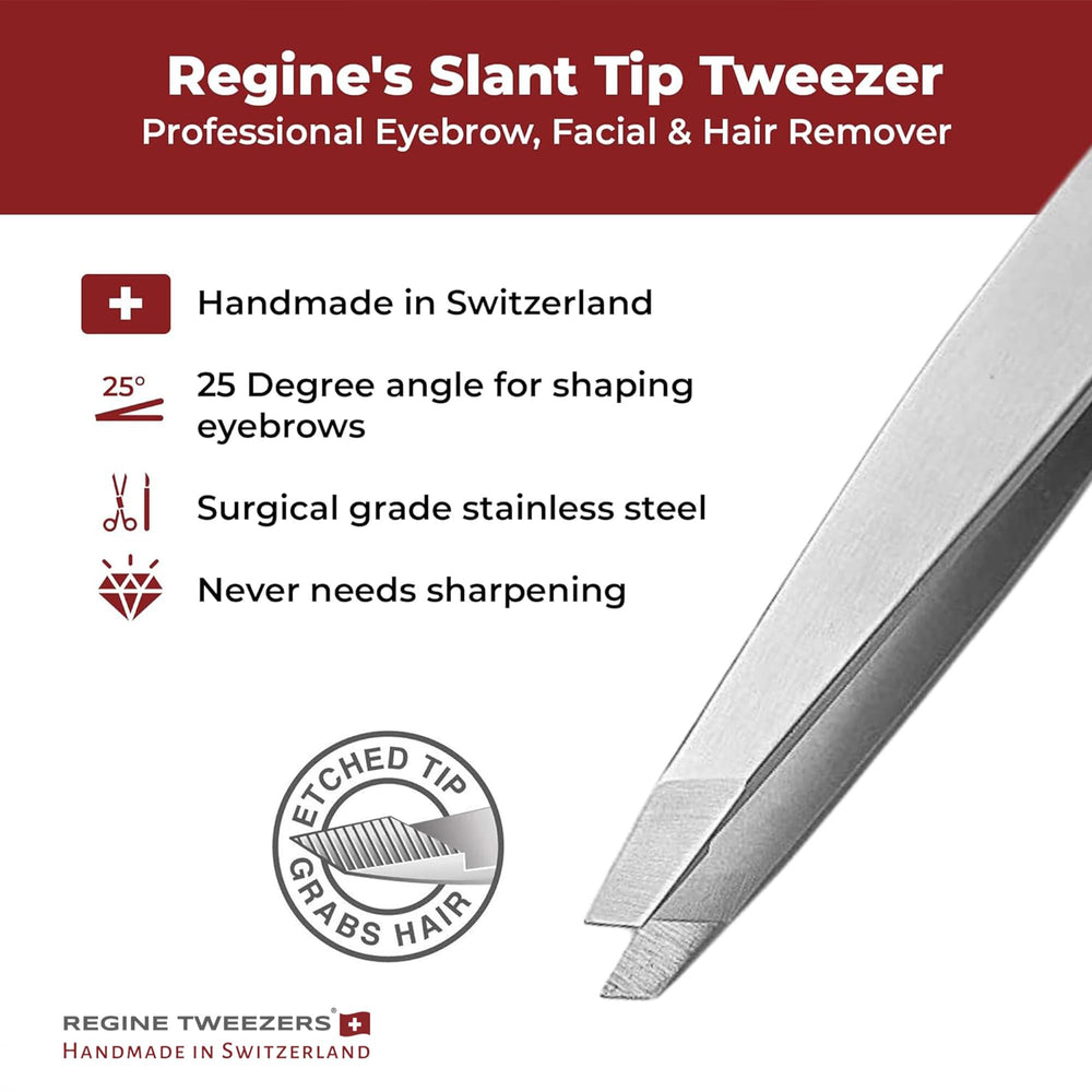 Regine Switzerland stainless steel tweezers rust-proof body for durable long-lasting use.
