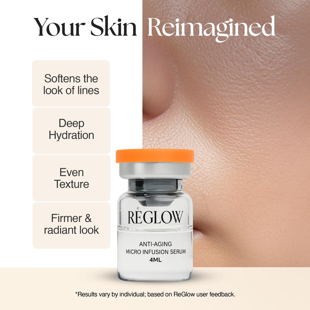ReGlow peptide-hyaluronic acid serum exemplifies deep hydration and plumpness.