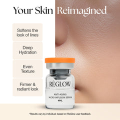 ReGlow peptide-hyaluronic acid serum exemplifies deep hydration and plumpness.
