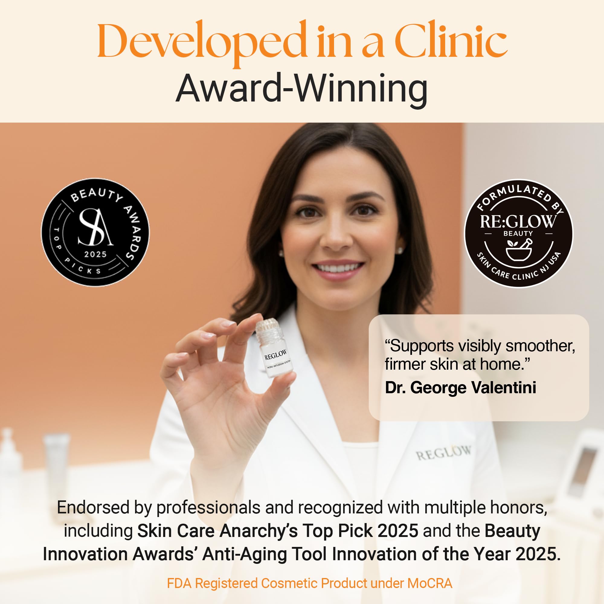 ReGlow advanced bio-active serum bottle highlights peptide and hyaluronic acid hydration.