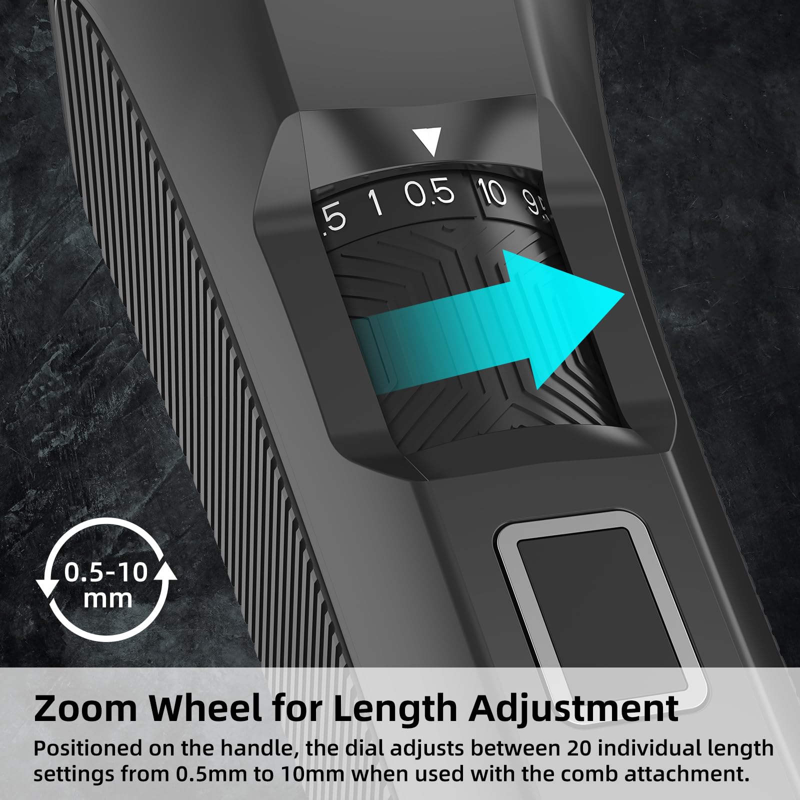 REHOYO BeardFix trimmer dial detail demonstrates 20-length range for tailored beard styles.