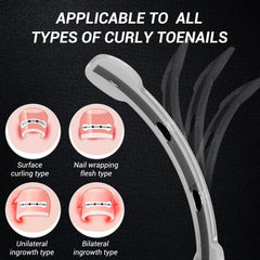 Reieset curved-nail repair illustration demonstrates shape correction and reduced pressure during wear.