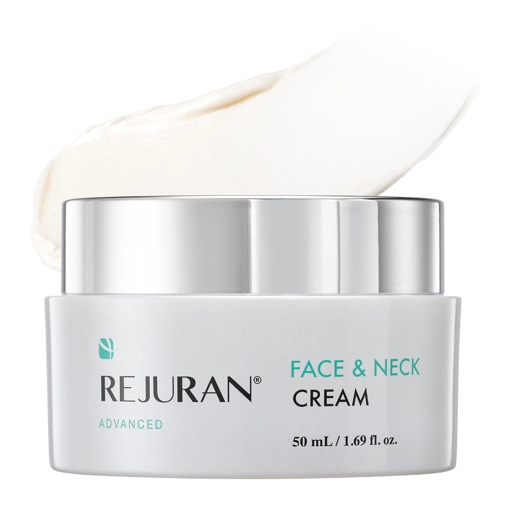 REJURAN Advanced Face & Neck Firming Cream bottle shows targeted hydration and lifting potential