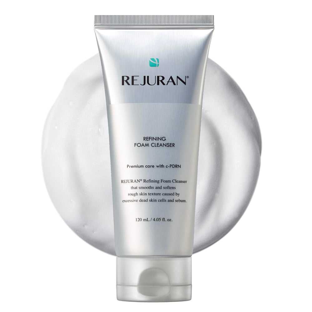 REJURAN Refining Foam Cleanser bottle closeup showing a hydrating cleanse for smoother skin
