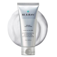 REJURAN Refining Foam Cleanser bottle closeup showing a hydrating cleanse for smoother skin