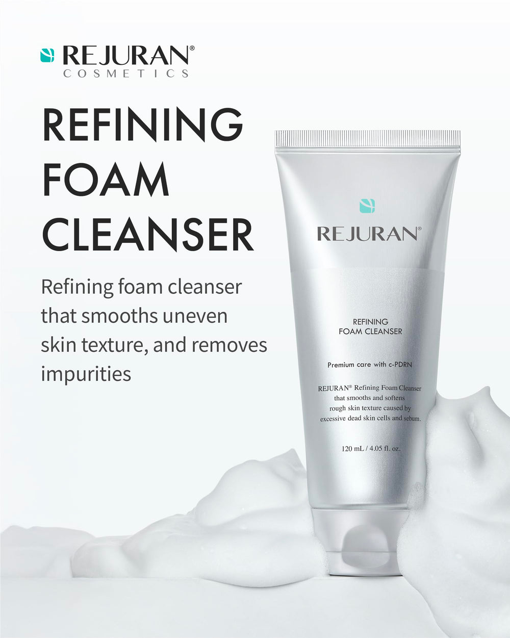REJURAN Refining Foam Cleanser foam-lather highlighting gentle exfoliation for refined texture