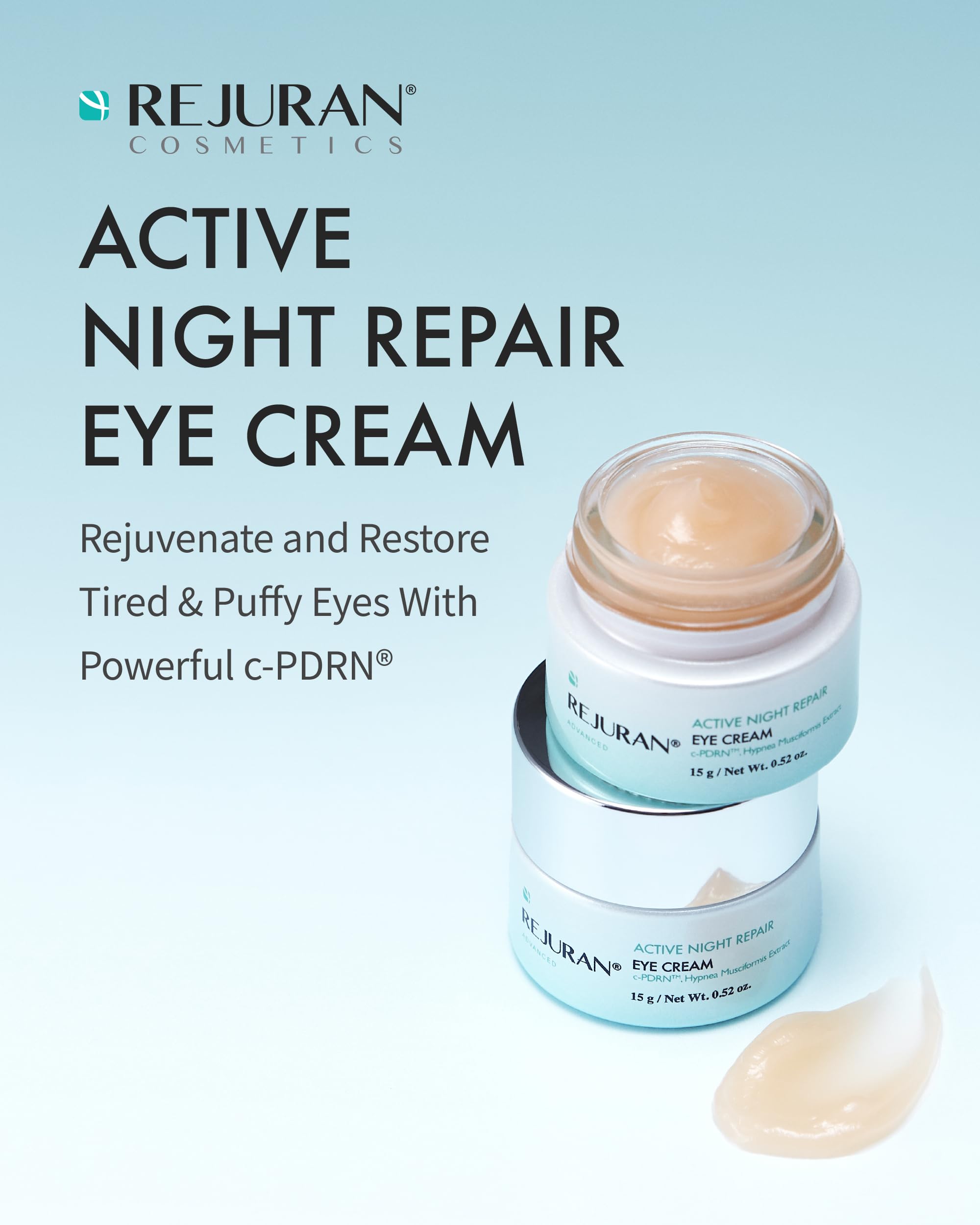 REJURAN eye cream being applied under-eye to target dark circles and puffiness