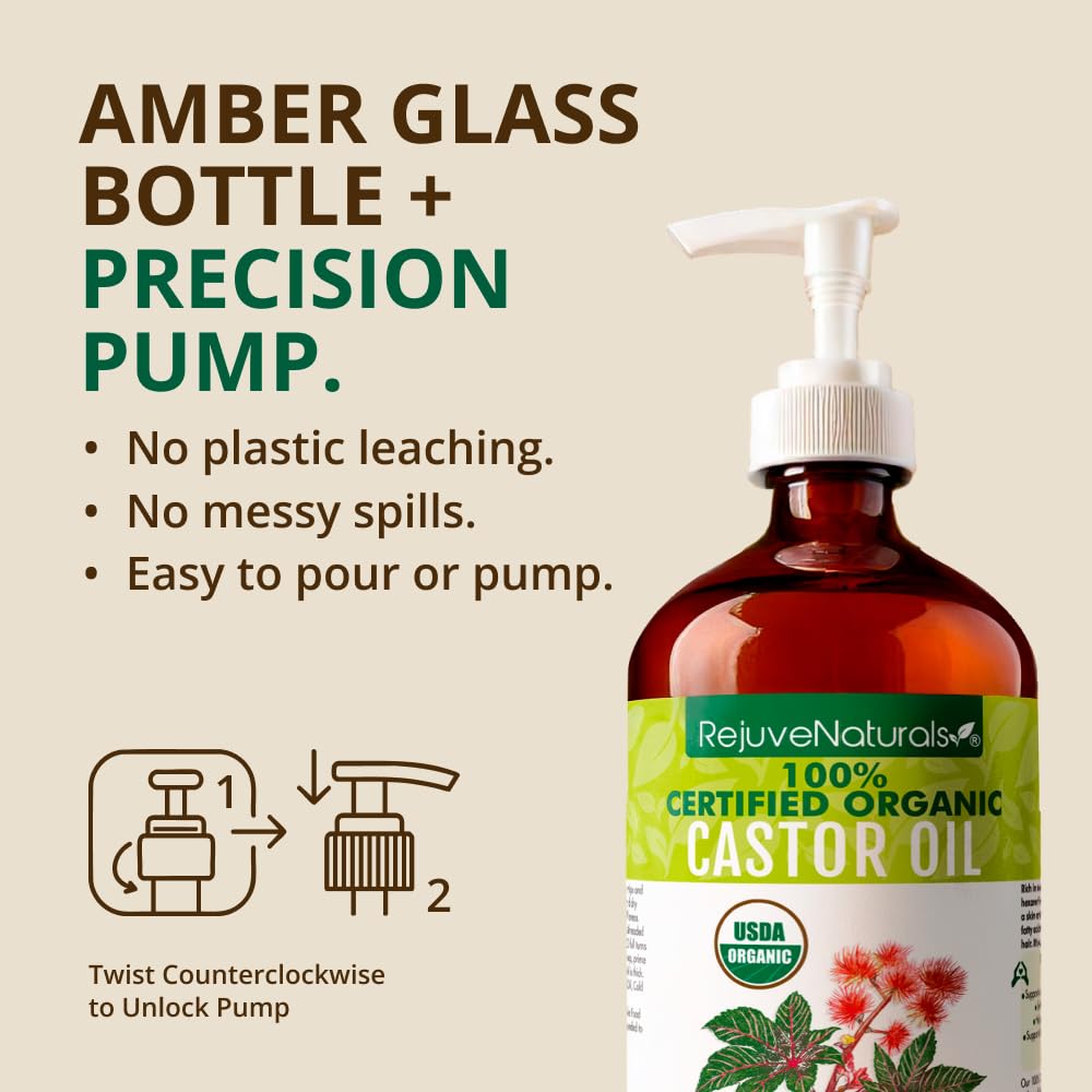 RejuveNaturals USDA Organic castor oil bottle, USA-made for pure hair and skin nourishment