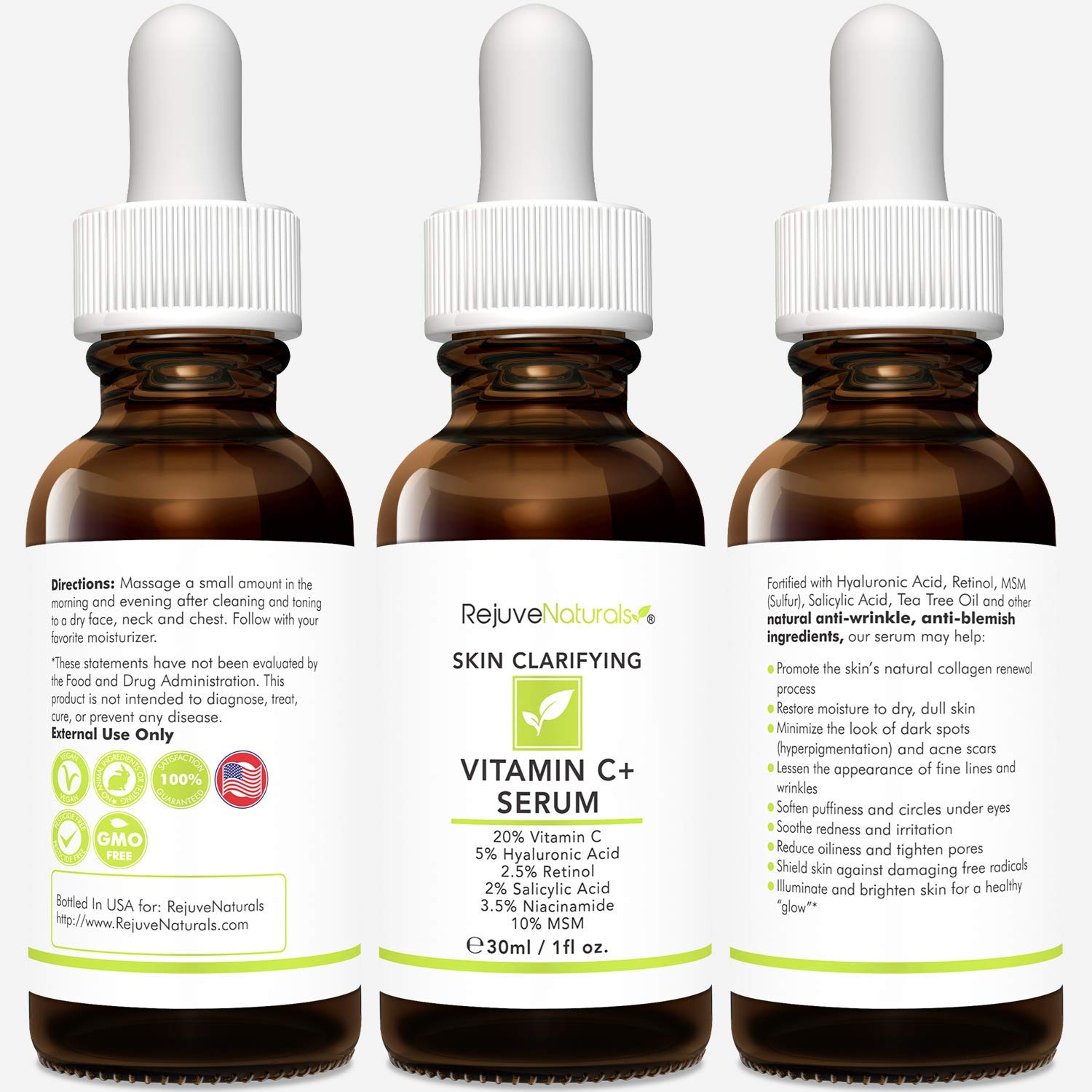 RejuveNaturals packaging box emphasizes eco-friendly design and vegan skincare promise