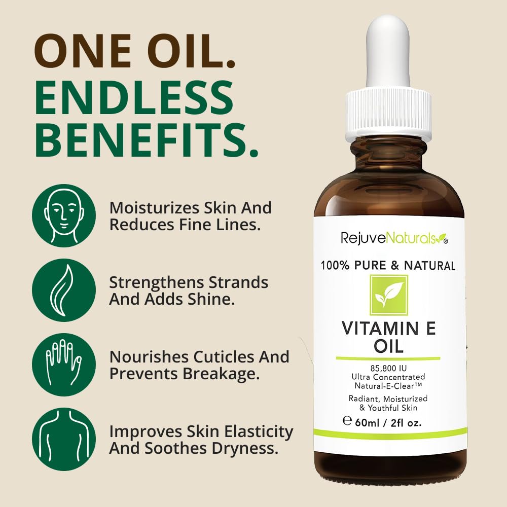 RejuveNaturals Vitamin E Oil packaging—compact, travel-friendly skin care essential.