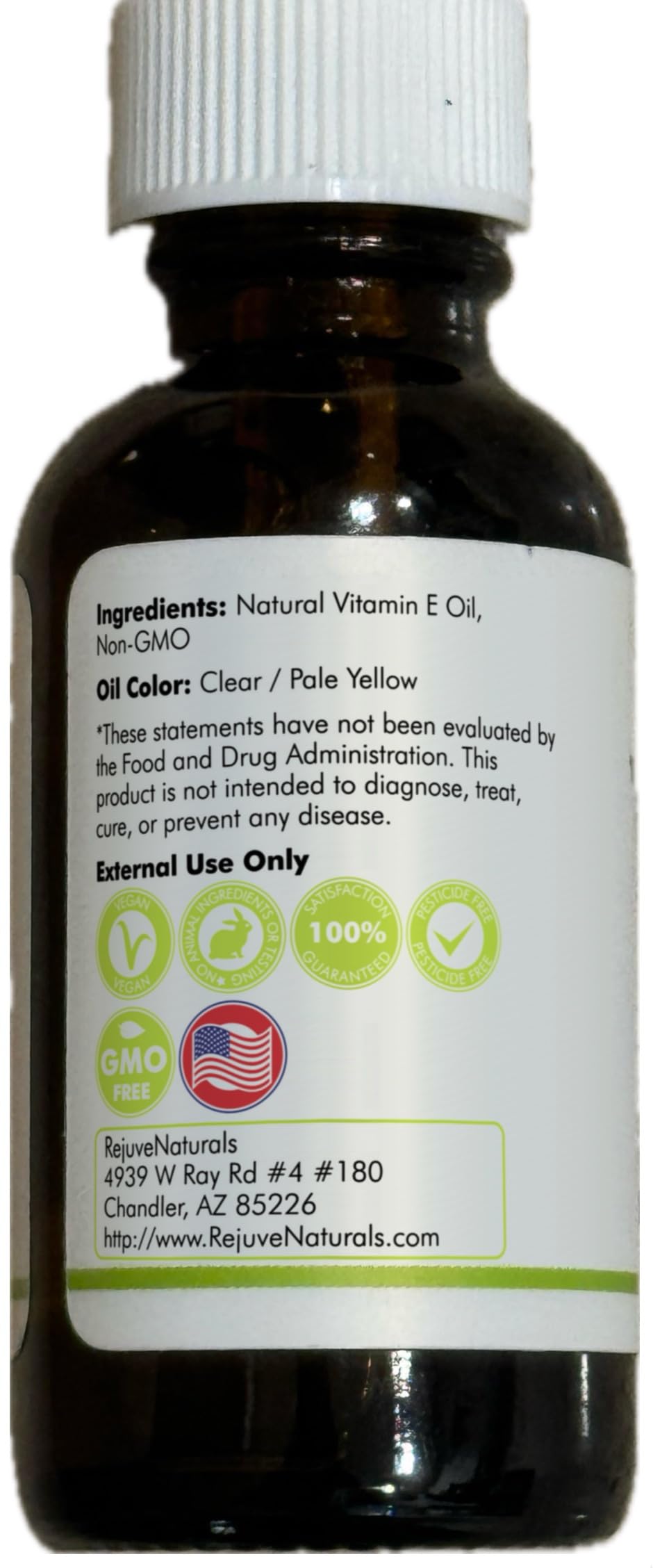 RejuveNaturals Vitamin E Oil USA-made label emphasizes quality and cruelty-free ingredients.