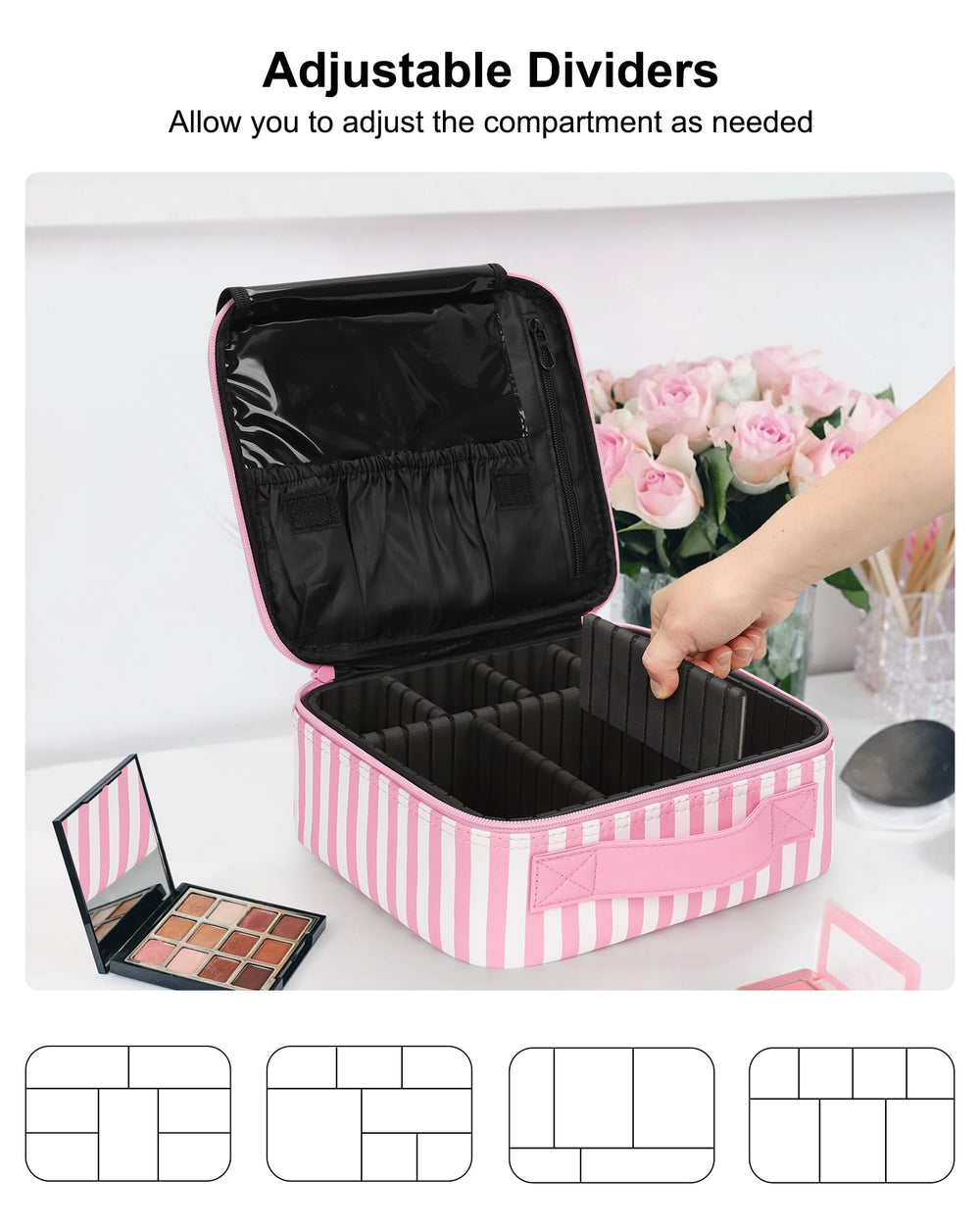 Relavel adjustable dividers cosmetic case with flexible compartments for all makeup sizes.