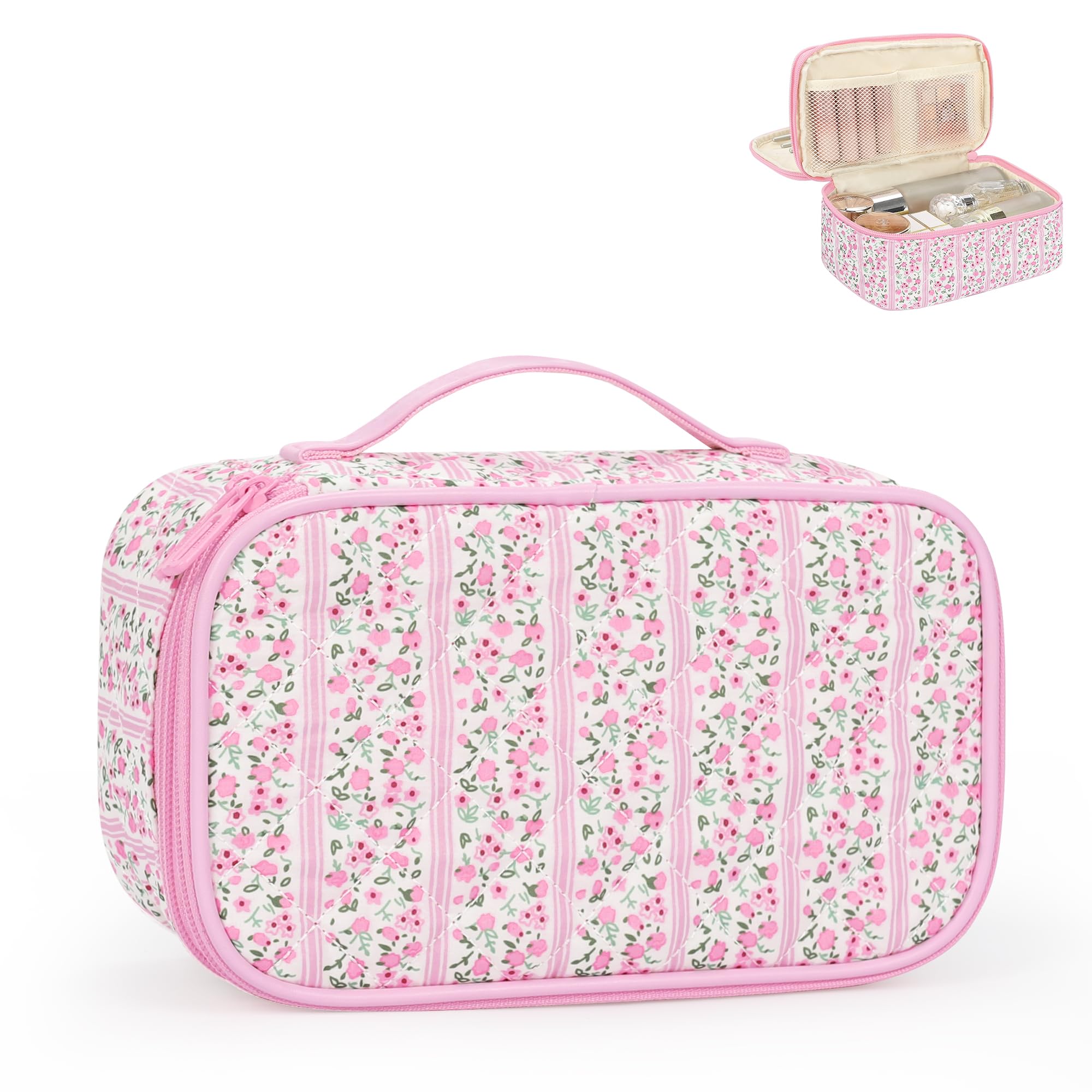 Relavel bolos maquillaje rosado floral: almacenamiento ordenado para viajar.