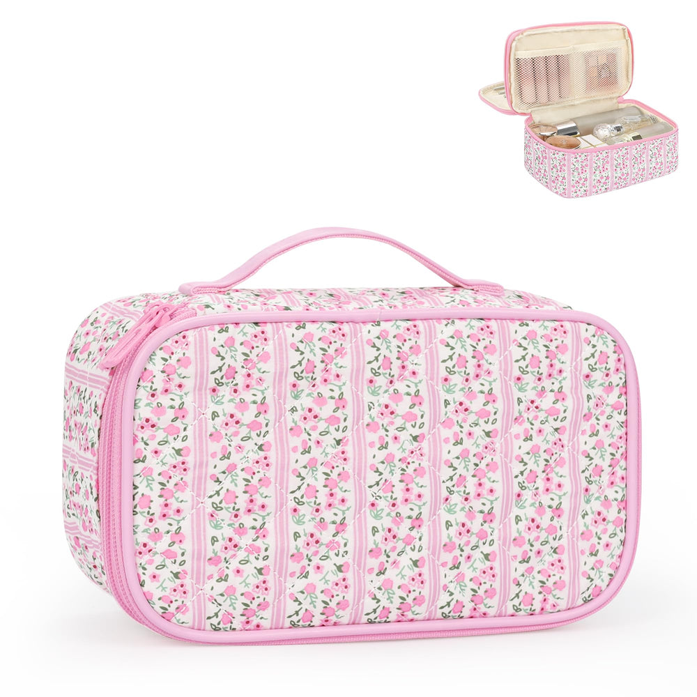 Relavel bolos maquillaje rosado floral: almacenamiento ordenado para viajar.